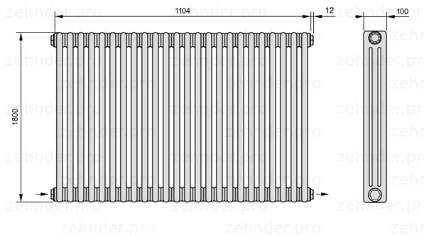 Схема (чертеж) Радиатор Zehnder Charleston 3180/24 №2670 Белый глянцевый RAL 9016